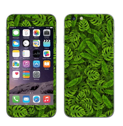 Наклейка на Телефон Apple iPhone 6 plus Зеленые тропические листья,  купить в Москве – интернет-магазин Allskins, камуфляж, текстура, пальма, монстера, природа, лес, листья, джунгли, тропики