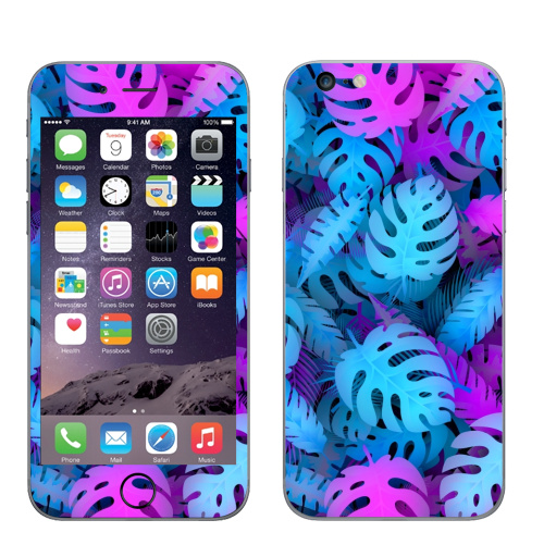 Наклейка на Телефон Apple iPhone 6 plus Сине-розовые тропические листья,  купить в Москве – интернет-магазин Allskins, тропики, джунгли, лес, монстера, пальма, психоделика, голубой, текстура