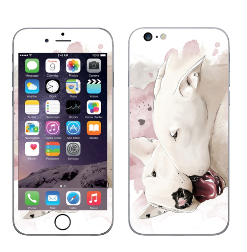Наклейка на Телефон Apple iPhone 6 plus Влюбленные бультерьеры,  купить в Москве – интернет-магазин Allskins, крутые животные, собаки, бультерьер, любовь, сердце, акварель, нежно, поцелуй, животные, милые животные