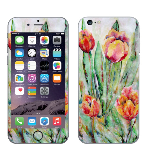 Наклейка на Телефон Apple iPhone 6 plus Тюльпаны. Жаркий полдень,  купить в Москве – интернет-магазин Allskins, цветы, акварель, плакат, оригинально, пастельные, тона, нежно, пейзаж