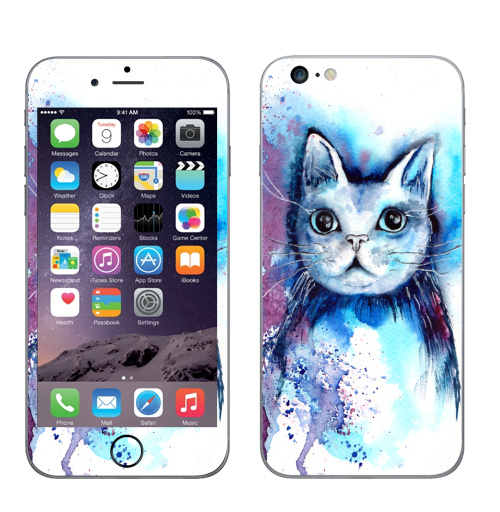 Наклейка на Телефон Apple iPhone 6 plus Большеглазый космокот,  купить в Москве – интернет-магазин Allskins, кошка, акварель, космос, космокот, голубой, яркий, фиолетовый, красота