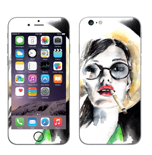 Наклейка на Телефон Apple iPhone 6 plus Девушка,  купить в Москве – интернет-магазин Allskins, девушка, шляпа, очки, акварель, весна, чувственно, любовь