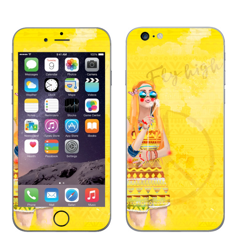 Наклейка на Телефон Apple iPhone 6 plus Девушка Хиппи,  купить в Москве – интернет-магазин Allskins, девушка, лето, желтый, оранжевый, хиппи, очки, рыжая, любовь, солнце