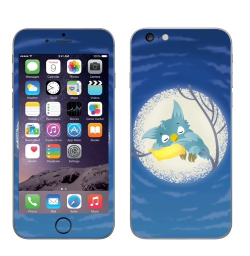 Наклейка на Телефон Apple iPhone 6 plus Спящая сова,  купить в Москве – интернет-магазин Allskins, небо, лес, персонажи, синий, звезда, луна, ночь, сова, птицы