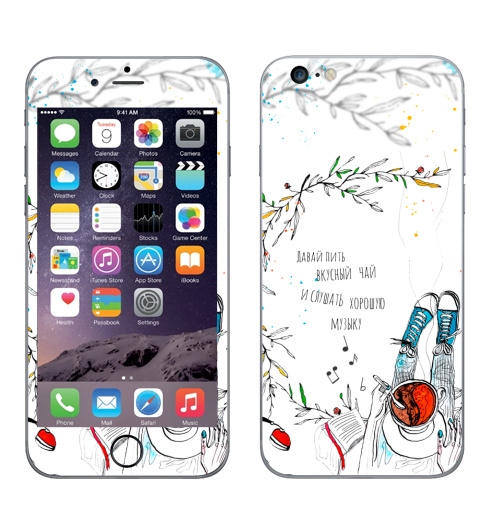 Наклейка на Телефон Apple iPhone 6 plus Пить чай и слушать музыку,  купить в Москве – интернет-магазин Allskins, любовь, графика, иллюстрации, кофейный, чайник, музыка, уютно, уют
