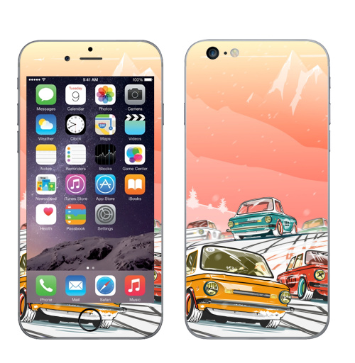 Наклейка на Телефон Apple iPhone 6 plus Ралли винтаж зимнее утро,  купить в Москве – интернет-магазин Allskins, красный, зима, соревнования, винтаж, Запорожец, тачка, гонки, автомобиль