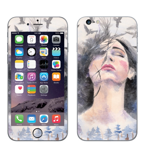 Наклейка на Телефон Apple iPhone 6 plus Повелительница ветров,  купить в Москве – интернет-магазин Allskins, девушка, полёт, зима, лес, птицы