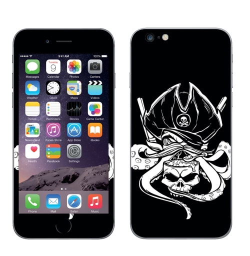Наклейка на Телефон Apple iPhone 6 plus Осьминог-пират,  купить в Москве – интернет-магазин Allskins, осьминог, пират, мозг, шляпа, усы, еда, ест, оружие, графика
