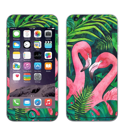 Наклейка на Телефон Apple iPhone 6 plus Тропические Фламинго,  купить в Москве – интернет-магазин Allskins, розовый, фламинго, птицы, тропики, фауна, акварель, лето, зеленый, 14 февраля