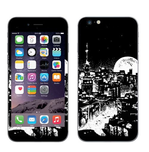 Наклейка на Телефон Apple iPhone 6 plus Ночной город под луной,  купить в Москве – интернет-магазин Allskins, черно-белое, графика, небо, черный, черное и белое, город, ночь, луна