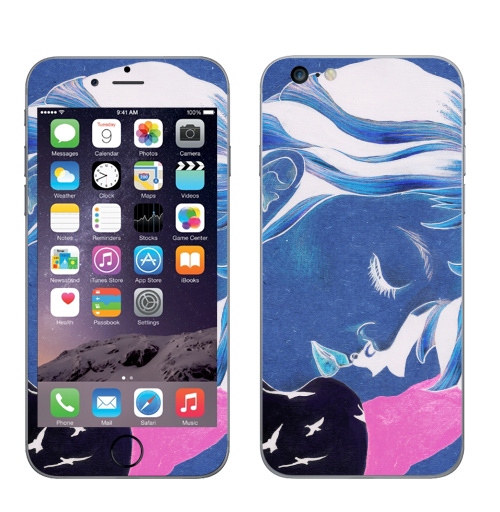 Наклейка на Телефон Apple iPhone 6 plus Окрыленная,  купить в Москве – интернет-магазин Allskins, живопись, девушка, горы, синий, розовый, модный, яркий, птицы, поп-арт
