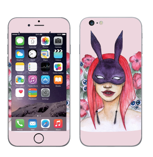 Наклейка на Телефон Apple iPhone 6 plus Девушка в маске кролика,  купить в Москве – интернет-магазин Allskins, иллюстация, глаз, акварель, цветы, кролики, маска, девушка