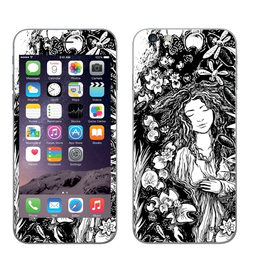 Наклейка на Телефон Apple iPhone 6 plus Русалка в пруду с кувшинками,  купить в Москве – интернет-магазин Allskins, русалка, девушка, графика, лицо, пруд, кувшинки, стрекозы