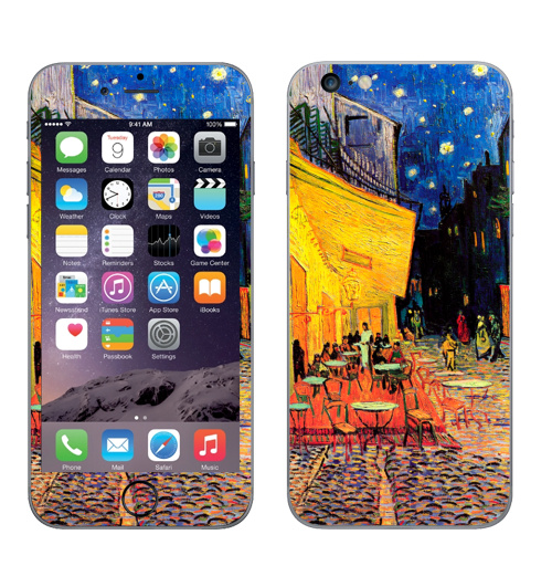 Наклейка на Телефон Apple iPhone 6 plus Ночная террасса кафе. Ван Гог,  купить в Москве – интернет-магазин Allskins, позитив, жизнерадостный, Ночнаятеррасса, Ван Гог, живописный, желтый, синий, красный, живопись, художник, художественный, мазки, кафе, ночь, плакат