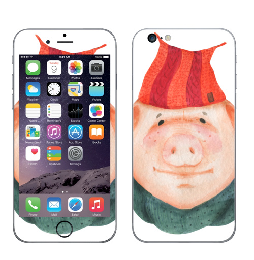 Наклейка на Телефон Apple iPhone 6 plus Хрюн в шапке-улитке,  купить в Москве – интернет-магазин Allskins, новый год, Свиньи, свинья, акварель, хулиган, подросток, персонажи, хрюн