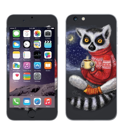 Наклейка на Телефон Apple iPhone 6 plus Уютный лемур,  купить в Москве – интернет-магазин Allskins, милые животные, теплый, мило, животные, новый год, ночь, какао, уютно, зима, свитер, лемур