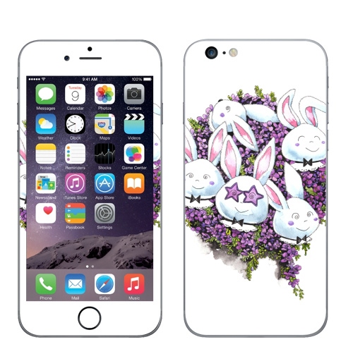 Наклейка на Телефон Apple iPhone 6 plus Позитивные зайчики,  купить в Москве – интернет-магазин Allskins, милые животные, акварель, животные, прикольные_рисунки, цветы, букет, заяц, зайчонок, рокнролл, фиолетовый
