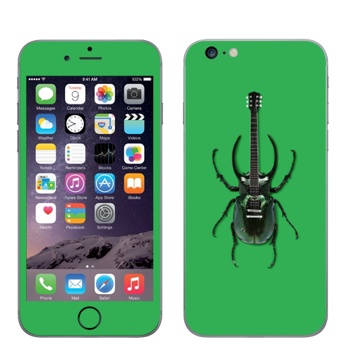 Наклейка на Телефон Apple iPhone 6 plus Музыка насекомых,  купить в Москве – интернет-магазин Allskins, жук, насекомые, гитара, зеленый, музыка, природа, поп-арт, сюрреализм
