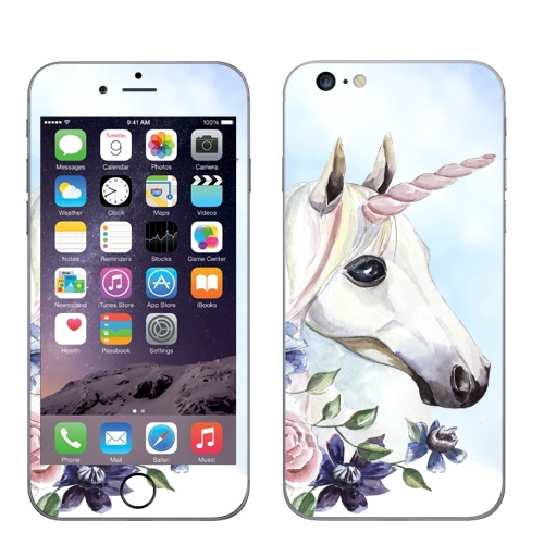 Наклейка на Телефон Apple iPhone 6 plus Единорог в цветах,  купить в Москве – интернет-магазин Allskins, единорог, цветы, акварель, васильки, василек, розовый, голубой, пастельный, лошадь