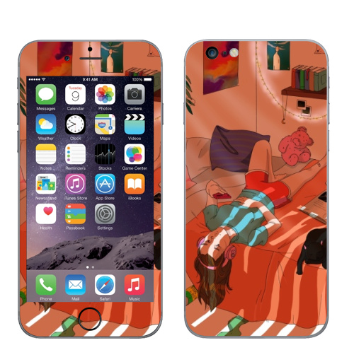 Наклейка на Телефон Apple iPhone 6 plus Комната,  купить в Москве – интернет-магазин Allskins, лето, оранжевый, кошка, молота, мило, уют, искусство, иллюстация, гирлянда, светлый, девушка