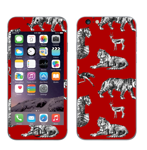 Наклейка на Телефон Apple iPhone 6 plus Тигры на красном,  купить в Москве – интернет-магазин Allskins, зверушки, африка, Саванна, антилопа, дикая, природа, фауна, хищник, добыча