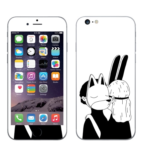 Наклейка на Телефон Apple iPhone 6 plus Лис и зайка,  купить в Москве – интернет-магазин Allskins, черное и белое, заяц, лиса, любовь