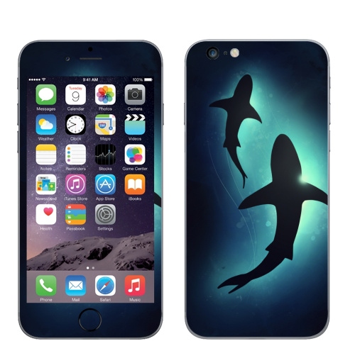 Наклейка на Телефон Apple iPhone 6 plus Черные акулы,  купить в Москве – интернет-магазин Allskins, брызги, акварель, иллюстация, паттерн, солнце, вода, оекан, морская, рыба, акула