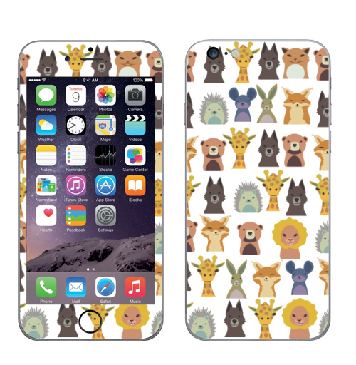 Наклейка на Телефон Apple iPhone 6 plus Милый зверинец,  купить в Москве – интернет-магазин Allskins, зверинец, мило, ежик, собаки, зайчонок, медведь, заяц, лев, жираф, животные, скопление, много, головы, бюст, милые животные