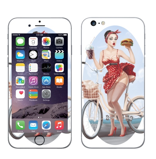 Наклейка на Телефон Apple iPhone 6 plus Девушка кушает бургер на велосипеде,  купить в Москве – интернет-магазин Allskins, девушка, бургер, велосипед, гозировка, платье, пин ап, красный, губы, горошек, позитив, веселый, радость, еда