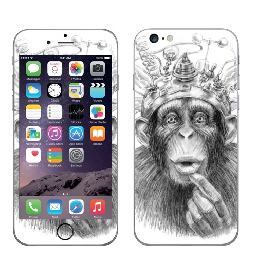 Наклейка на Телефон Apple iPhone 6 plus Умножитель интеллекта,  купить в Москве – интернет-магазин Allskins, обезьяна, мистика, фантастика, электроника, приматы, интеллект, зеркало, задумчивость, ретро, карандаш, эксперимент, лаборатория, лампочки, графика, космос, эволюция