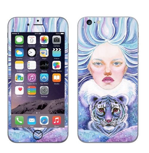 Наклейка на Телефон Apple iPhone 6 plus Девочка с тигрёнком,  купить в Москве – интернет-магазин Allskins, полёт, голубыеволосы, мальвина, симметрия, глаз, декабрь, февраль, январь, снег, волны, волосы, голубой, детские, девушка, тигра, тигры, зима