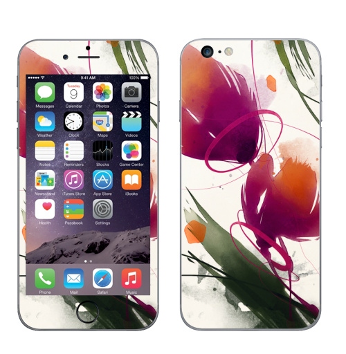 Наклейка на Телефон Apple iPhone 6 plus Акварельные абстрактные цветы,  купить в Москве – интернет-магазин Allskins, акварель, цветы, абстракция, природа, яркий, дизайнер, пятна, рисунки, картины, графика, бутон, растение, белый, фиолетовый, мазки