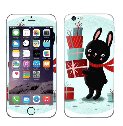 Наклейка на Телефон Apple iPhone 6 plus Черный кролик с подарками,  купить в Москве – интернет-магазин Allskins, кролики, заяц, читатель, новый год, символ, черный, красный, бирюзовый, символ_года, подарки