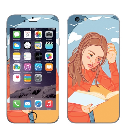Наклейка на Телефон Apple iPhone 6 plus Девушка в оранжевом платье,  купить в Москве – интернет-магазин Allskins, мотивация, отдых, птицы, синий, читатель, румянец, фигура, книга, персонажи, небо, цвет, платье, лицо, мода, девушка, полёт, волосы, человек, леди, досуг