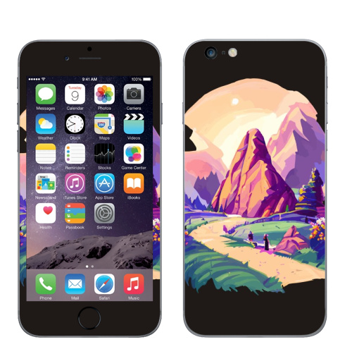 Наклейка на Телефон Apple iPhone 6 plus Летний горный пейзаж,  купить в Москве – интернет-магазин Allskins, поп-арт, читатель, лето, путешествия, яркий, модный, стильно, молодежный, бежевый, зеленый, фиолетовый, природный, горы, хиппи
