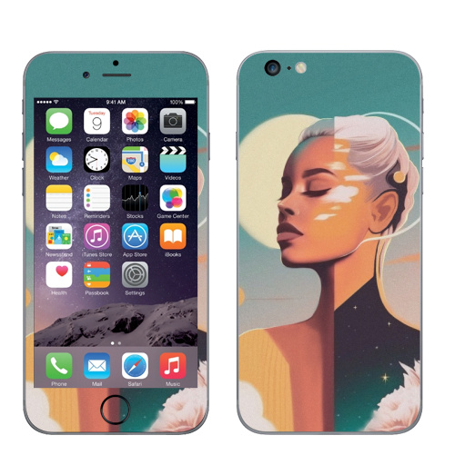 Наклейка на Телефон Apple iPhone 6 plus Сияющая красота, девушка солнце,  купить в Москве – интернет-магазин Allskins, ретро, желтый, изумрудный, зеленый, берюзовый, облока, пейзаж, космос, цветы, солнце, девушка