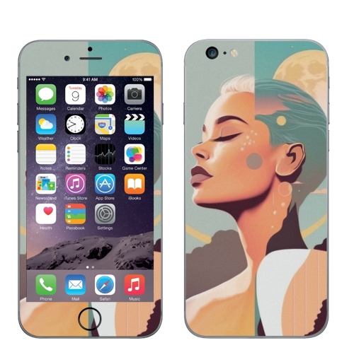 Наклейка на Телефон Apple iPhone 6 plus Лунный свет в тропическом раю,  купить в Москве – интернет-магазин Allskins, сюрреализм, девушка, луна, тропики, небо, пейзаж, ретро, серфинг, портреты, женственно, голубой