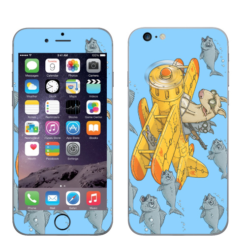 Наклейка на Телефон Apple iPhone 6 plus Мэт и Шитцу на охоте,  купить в Москве – интернет-магазин Allskins, милые животные, желтый, мужик, дробовик, военные, охота, кошка, рыба, животные, голубой