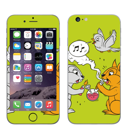 Наклейка на Телефон Apple iPhone 6 plus Funny friends,  купить в Москве – интернет-магазин Allskins, заяц, белка, дружба, дым, кальян, ноты, птицы