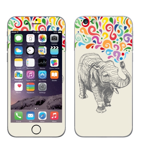 Наклейка на Телефон Apple iPhone 6 plus Слон,  купить в Москве – интернет-магазин Allskins, 300 Лучших работ, животные, графика, брызги, слоны, разноцветное, фонтан