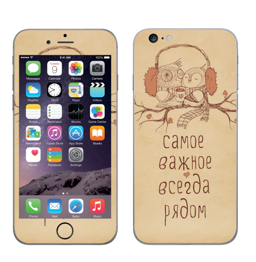 Наклейка на Телефон Apple iPhone 6 plus Двое,  купить в Москве – интернет-магазин Allskins, животные, любовь, кошка, персонажи, сова, для_влюбленных, чай и кофе, парные, милые животные