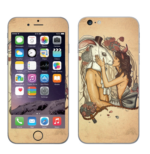 Наклейка на Телефон Apple iPhone 6 plus Кроликачасы,  купить в Москве – интернет-магазин Allskins, заяц, любовь, цветы, время, девушка, красота