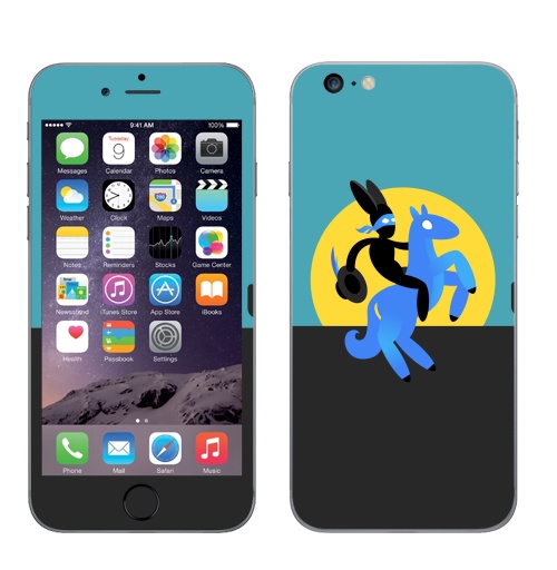 Наклейка на Телефон Apple iPhone 6 plus Синийконь,  купить в Москве – интернет-магазин Allskins, черный, зорро, синий, лошадь, заяц