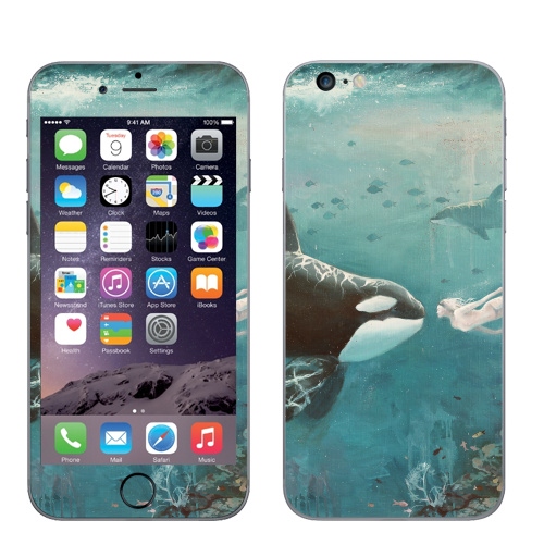 Наклейка на Телефон Apple iPhone 6 plus Орка,  купить в Москве – интернет-магазин Allskins, голубой, любовь, касатка, морская, подводная, дельфины, девушка, зеленый