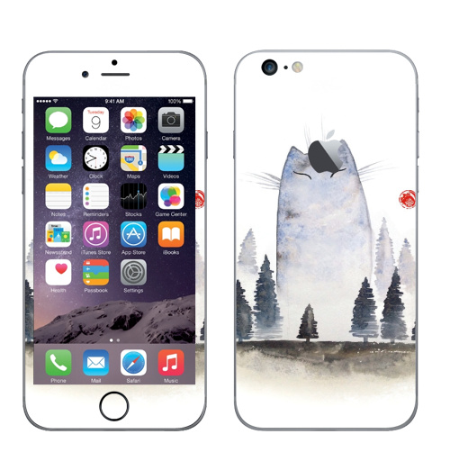 Наклейка на Телефон Apple iPhone 6 plus с яблоком Кот туманный,  купить в Москве – интернет-магазин Allskins, акварель, туман, лес, кошка