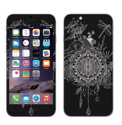 Наклейка на Телефон Apple iPhone 6 plus с яблоком Русское поле,  купить в Москве – интернет-магазин Allskins, графика, череп, птицы, стрекоза, мандала, узор, ловец, крапива, черный
