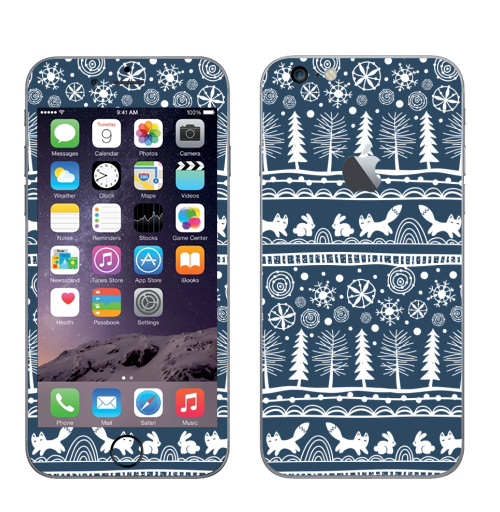 Наклейка на Телефон Apple iPhone 6 plus с яблоком Зимний лес,  купить в Москве – интернет-магазин Allskins, зима, лиса, лес, деревья, заяц, забавный, паттерн, снег