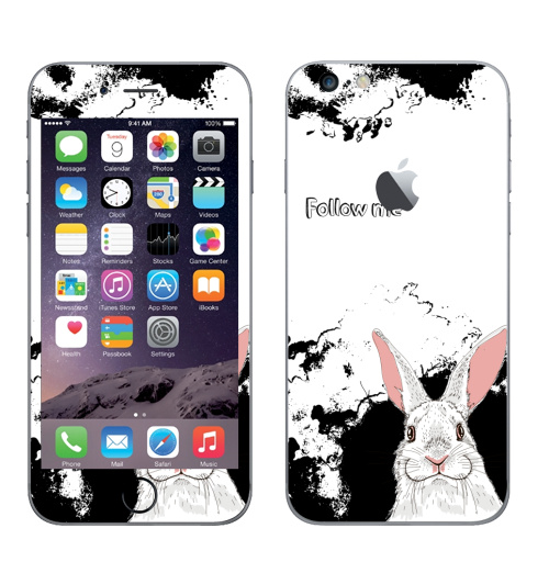 Наклейка на Телефон Apple iPhone 6 plus с яблоком Следуй за белым кроликом,  купить в Москве – интернет-магазин Allskins, надписи на английском, заяц, белый, графика, надписи, черный, черно-белое, кролики, животные, зима
