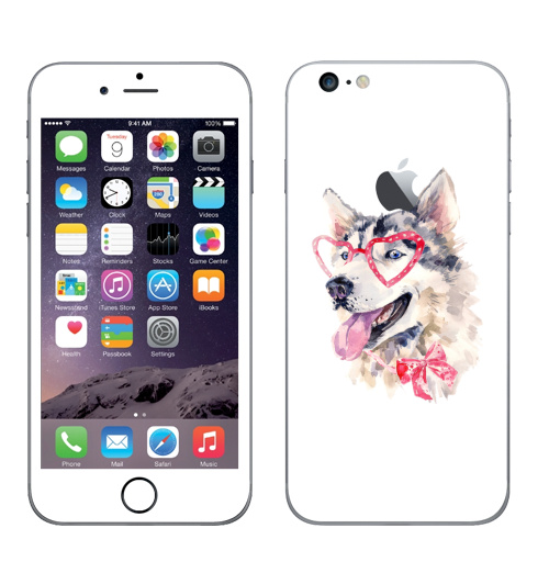 Наклейка на Телефон Apple iPhone 6 plus с яблоком Модная собака,  купить в Москве – интернет-магазин Allskins, крутые животные, милые животные, мило, хаски, розовый, очки, акварель, собаки, детские
