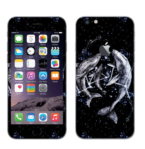 Наклейка на Телефон Apple iPhone 6 plus с яблоком Межгалактические киты,  купить в Москве – интернет-магазин Allskins, полностьючерный, небо, животные, ночь, звезда, космос, киты